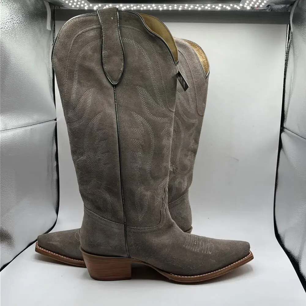 Tony Lama Ash Gray Suede Leather Western Boots women's Sz 9 B Narrow square toe
